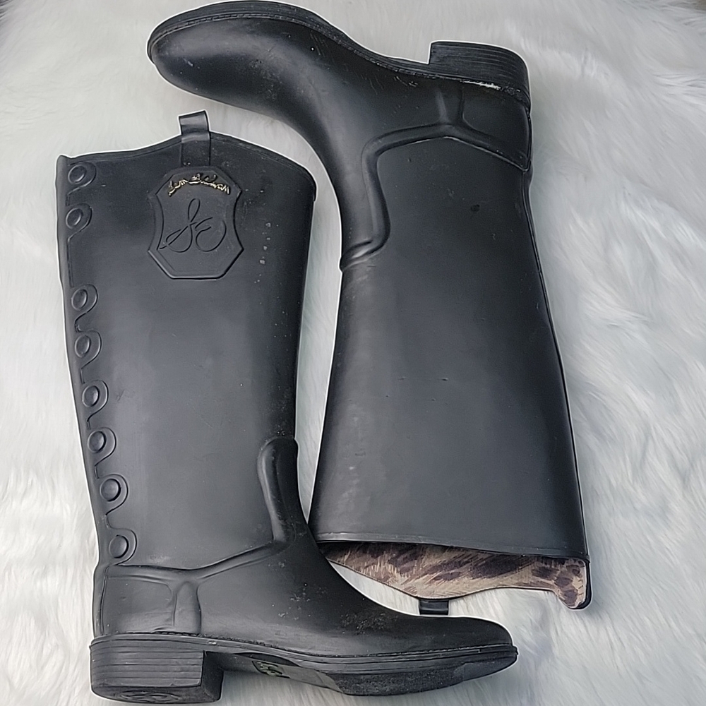 SAM EDELMAN Ximon Black Matte Rubber Pull On Tall Equestrian Preppy Rain Boots 9